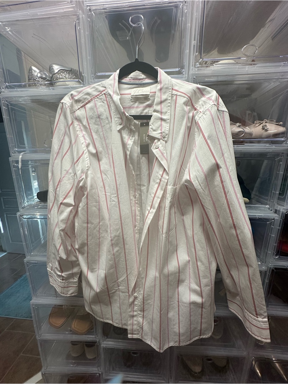 J. Crew White Button-Down Shirt with Pink Stripes